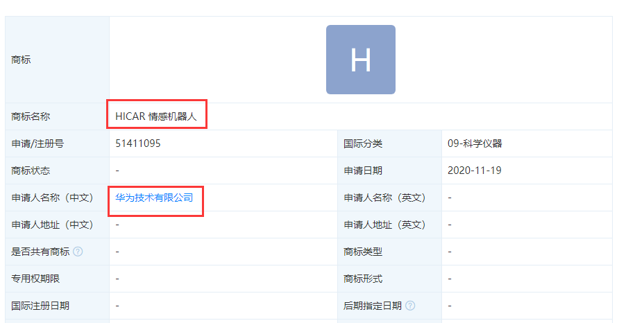 华为申请“HICAR情感机器人”商标，发力智能机器人产业？