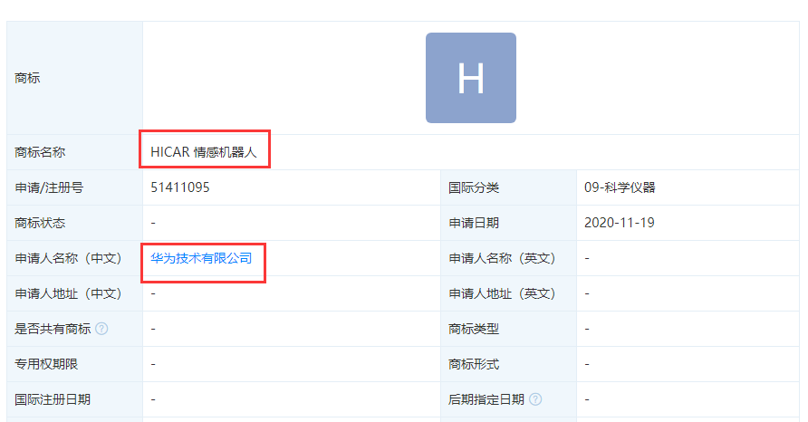 华为申请“HICAR 情感机器人”商标，发力智能机器人产业？