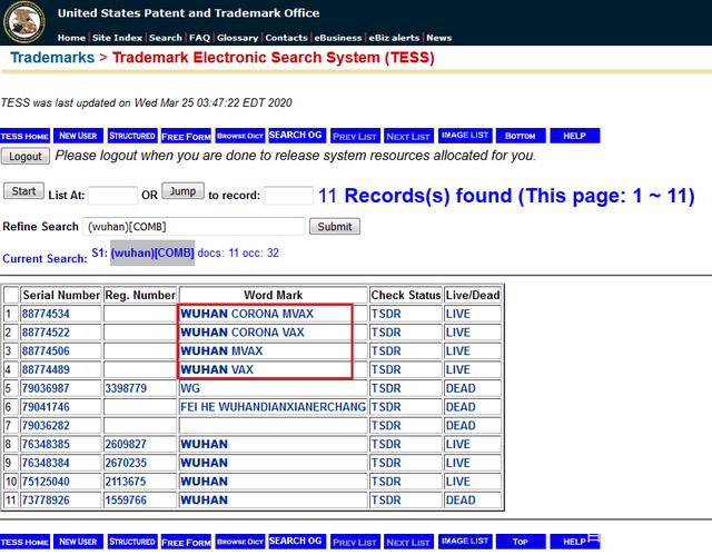 美国公司注册“武汉冠状疫苗”商标，已撤回！