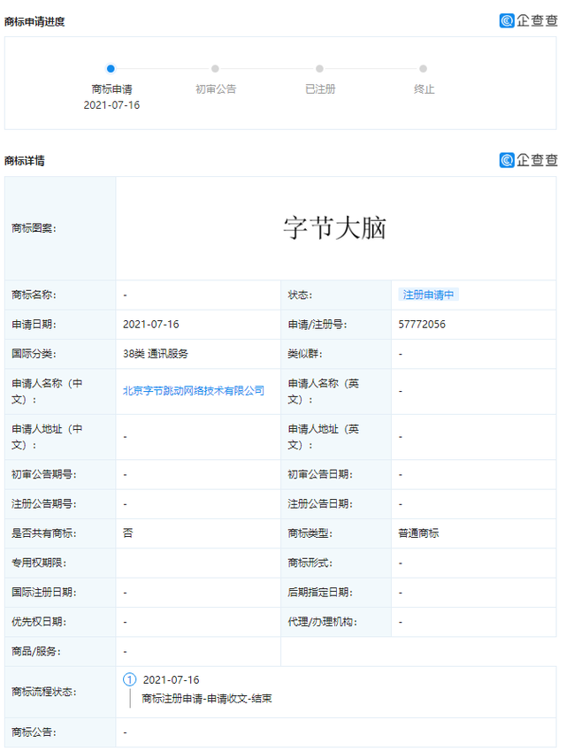 字节跳动申请“字节大脑”相关商标，商标注册显示申请收文是什么意思？